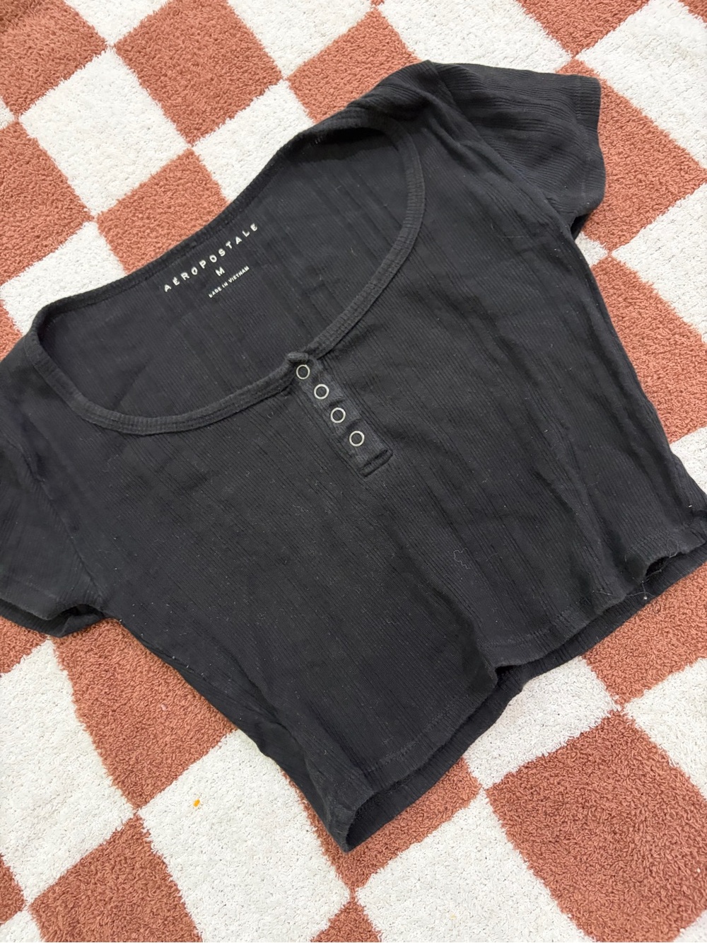 Aeropostale Black Ribbed Henley Crop Tee